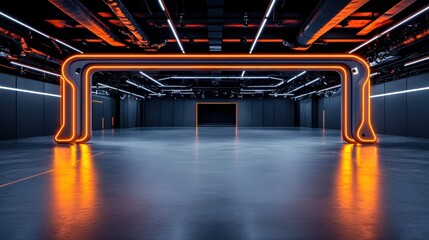 Poster - futuristic underground studio stage in a dark room with neon lighting effects