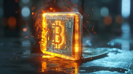 Wall Mural - An electronic wallet with a luminous three dimensional cash symbol hovering over it