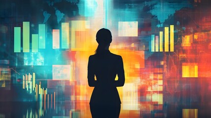 Poster - Businesswoman Silhouette Against Abstract Data Background