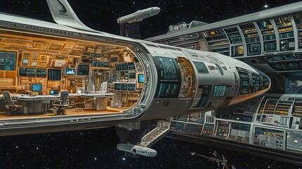Poster - Futuristic Spaceship Interior Control Room with Monitors and Starry Background