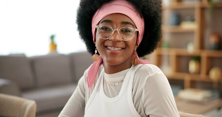Poster - Student, smile and portrait of black woman in house for school education, learning and scholarship. Future, academy and youth with gen z person at home for college, university and studying knowledge