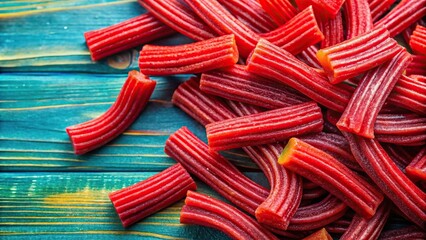 high angle view of sweet red gummy licorice on colorful background