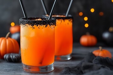 Two orange cocktails with black glitter sugar rims and straws, set against a backdrop of Halloween decorations on a dark grey tablecloth.