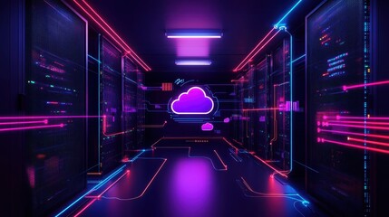 Poster - illuminated data center a creative illustration of modern technology with neon lights and cloud elem