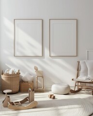 Minimalist kids playroom interior background, wooden toys and two empty vertical frame mockup on the white wall. 3D render