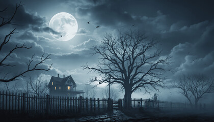 halloween night scene featuring a mansion under a full moon.