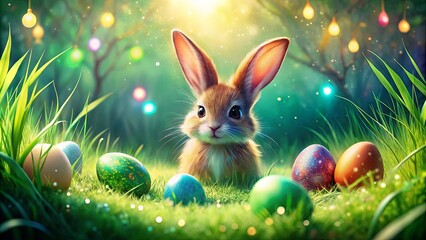 A Curious Bunny Amidst a Field of Colorful Easter Eggs, Surrounded by Lush Green Grass and Sparkling Lights