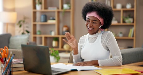 Aufkleber - Video call, black woman and studying in living room, home and laptop for learners test and knowledge. House, talking and planning for driver exam, greeting and student with smile, wave and ambitious