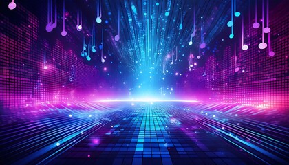 Poster - Abstract futuristic background with neon lights, music notes and glowing particles.