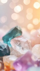 Poster - Vibrant crystal gems shine in various colors, resting on a surface with a softly blurred background that adds warmth and depth