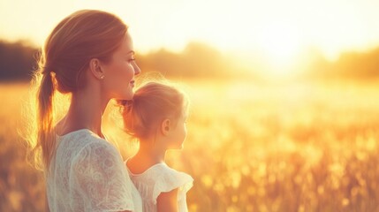 A mother and her young daughter stand together, basking in the warm morning sunlight while enjoying the peaceful beauty of nature