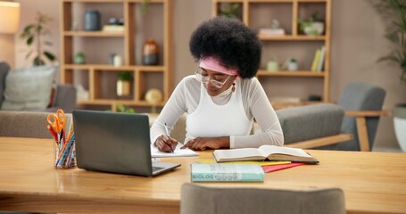 Poster - Student, laptop and learning in home for university, online course and research project with writing at table. Black girl, technology and study by desk for college, education and exam notes with book