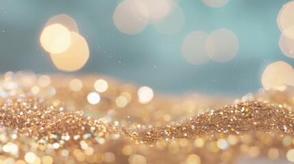 Poster - Golden glitter sparkles under delicate bokeh lights, enhancing the enchanting and dreamy aesthetic of the setting