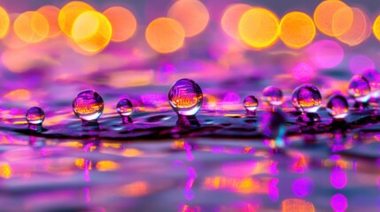 Poster - Delicate droplets catch vibrant purple bokeh lights, creating a dreamy, enchanting atmosphere filled with color and texture