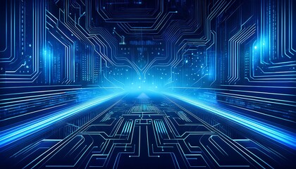Poster - Futuristic digital tunnel with glowing blue lines.