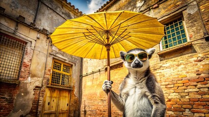 A  stylish lemur in sunglasses  holds a  bright  yellow  umbrella  for  shade  on  a  sunny day in the alleyway.