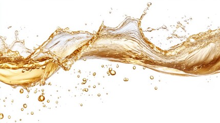 Poster - Golden liquid splashes energetically in a beautiful display of motion, creating an eye-catching highlight on a clean white background