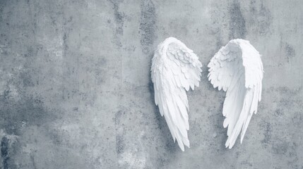 Poster - Delicate white angel wings rest against a soft gray surface, evoking feelings of peace and spirituality in this tranquil setting