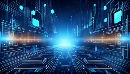 Poster - Abstract digital background with glowing lines and squares, futuristic technology concept.