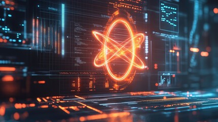 Dynamic atom in motion above vibrant data statistics and analytical graphs 