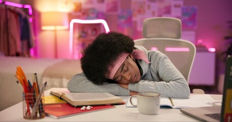 Poster - Fatigue, girl and student sleeping from studying, learning books and online education for burnout. Tired, black woman and nap with laptop, exam information and project deadline of overworked at house