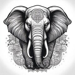 A detailed, black and white illustration of an elephant's head with an intricate, ornate design behind it.