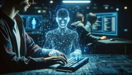 AI Development Concept: Programmer Typing Code While Holographic Digital Human Emerges, Symbolizing Deep Learning, Artificial Intelligence Creation, and Human-Machine Integration