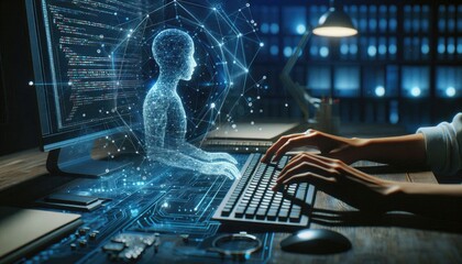 AI Development Concept: Programmer Typing Code While Holographic Digital Human Emerges, Symbolizing Deep Learning, Artificial Intelligence Creation, and Human-Machine Integration