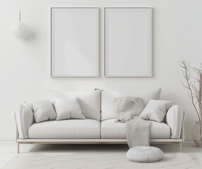 Minimalist living room interior with a white sofa, pillows, and two blank frames on the wall, perfect for showcasing your artwork or designs.