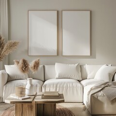 Minimalist living room interior with two empty frames mockup on beige wall, white sofa and coffee table.