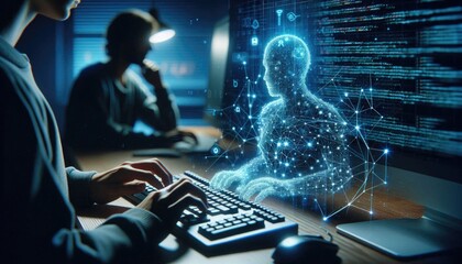 AI Development Concept: Programmer Typing Code While Holographic Digital Human Emerges, Symbolizing Deep Learning, Artificial Intelligence Creation, and Human-Machine Integration
