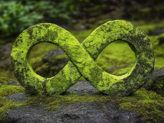 A moss-covered infinity symbol sits atop a rocky surface, blending nature with art in a serene, green environment.