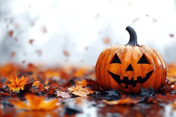 Halloween pumpkin with colorful leaves isolated on a white background, perfect for seasonal decorations and festive themes.