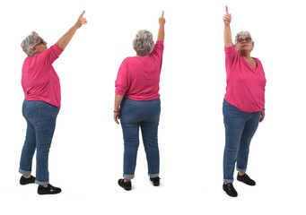 side,back and front view of same senior woman pointing up on white background