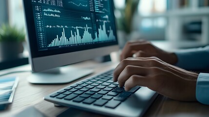 Poster - Close up of Hands Typing on Keyboard with Stock Market Data on Computer Monitor