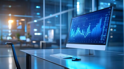 Poster - Modern Office Desk with Computer and Financial Chart