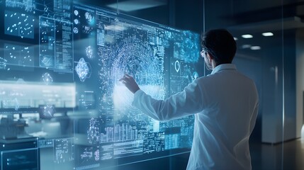Poster - Scientist Interacting with Futuristic Holographic Interface