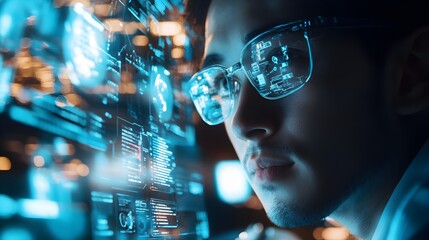 Poster - Cyberpunk Man with Futuristic Glasses Looking at Screen