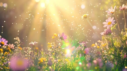 Wall Mural - Animated spring scene with flowers, sunlight rays, glowing particles.