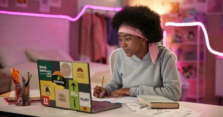 Aufkleber - Black girl, laptop and study in home for university, online course and research project with writing at night. Student, technology and learning by desk for college, education and exam notes with book