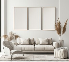 Modern minimalist living room with a beige sofa, an armchair, trendy home decor and three blank vertical posters on the wall above. Mock up interior design.