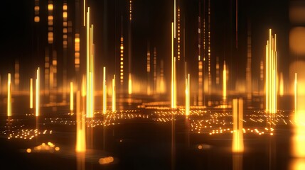 Poster - Dynamic financial chart with glowing golden bars representing market growth, set against a sleek dark background