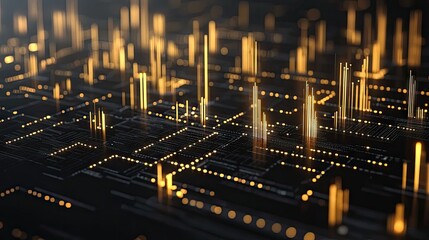 Poster - Dynamic financial chart with glowing golden bars representing market growth, set against a sleek dark background
