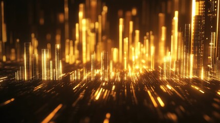 Poster - Dynamic financial chart with glowing golden bars representing market growth, set against a sleek dark background