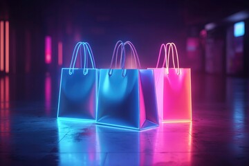 Wall Mural - Three illuminated shopping bags in vibrant neon colors stand on a reflective surface, creating a modern and stylish shopping atmosphere.