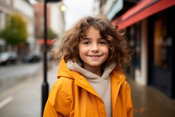 smiling little girl in yellow raincoat looking at camera in city