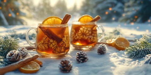 two glasses of tea with cinnamon and orange slices