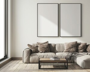 Modern, minimalist living room interior with a comfortable sofa, wooden floor, and two blank picture frames, perfect for showcasing your artwork or designs.