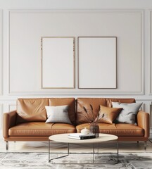 Modern minimalist interior design of a living room with a brown leather sofa, round coffee table, and two blank picture frames. Perfect for showcasing your artwork or photography.