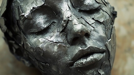 Poster - Exploring the intricacies of a silver stylized human face an artistic representation of identity and emotion in contemporary sculpture